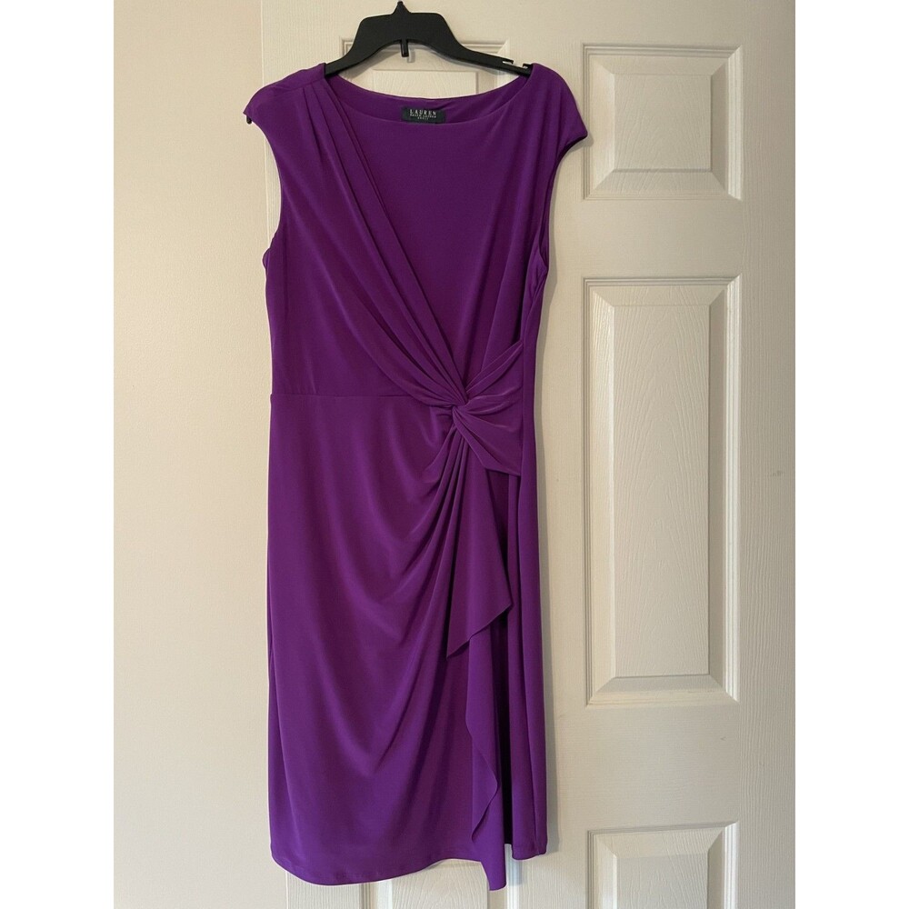 Lauren Ralph Lauren Purple Ruched Twist Front Knot Sheath Dress Sz 12 Sleeveless